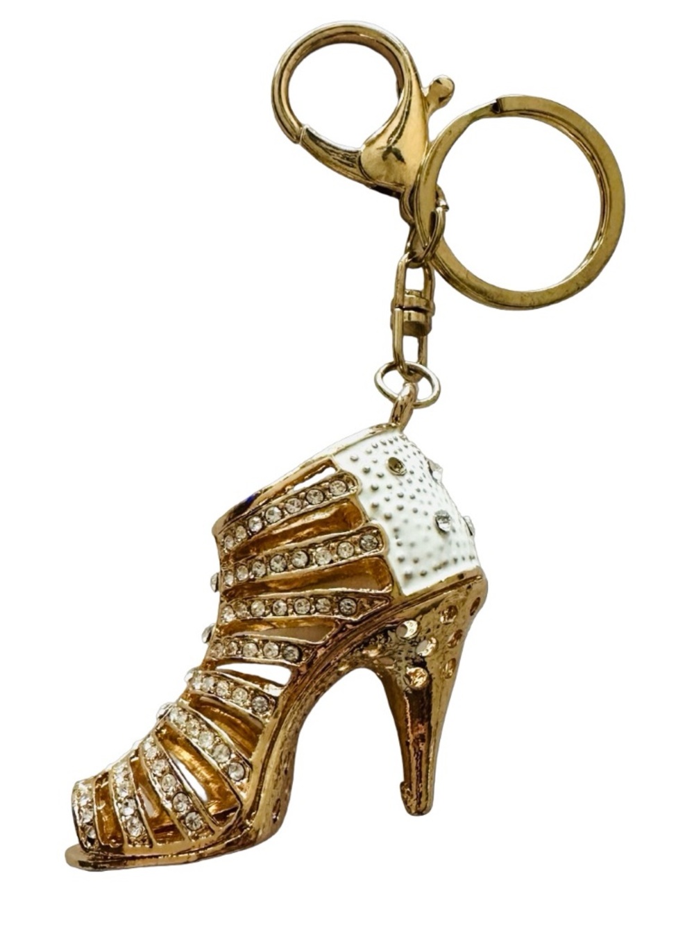 Gold-tone White Enameled Jeweled High Heel Keychain Ring Handbag Charm 5.5”